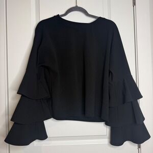 Black Tiered Ruffle Sleeve Crew Neck Top Long Sleeve Blouse XL
